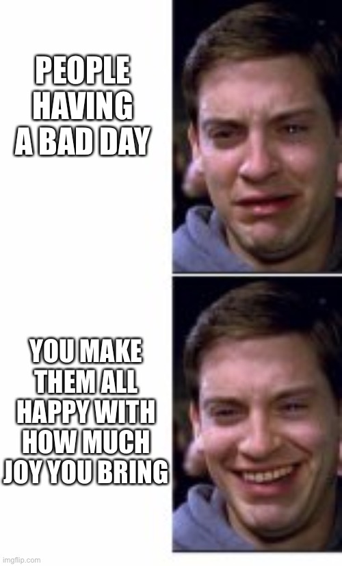 *joy* | PEOPLE HAVING A BAD DAY; YOU MAKE THEM ALL HAPPY WITH HOW MUCH JOY YOU BRING | image tagged in tobey maguire crying and smiling,wholesome | made w/ Imgflip meme maker