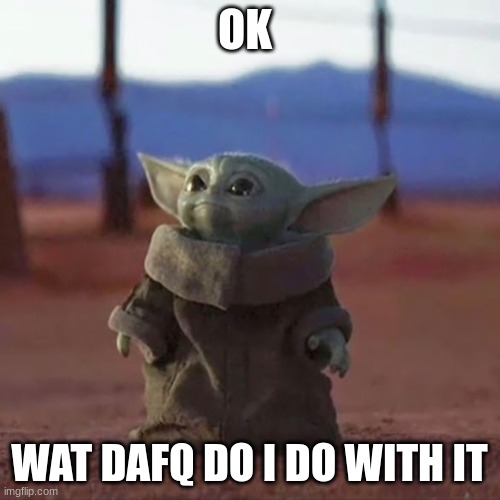 Baby Yoda | OK WAT DAFQ DO I DO WITH IT | image tagged in baby yoda | made w/ Imgflip meme maker