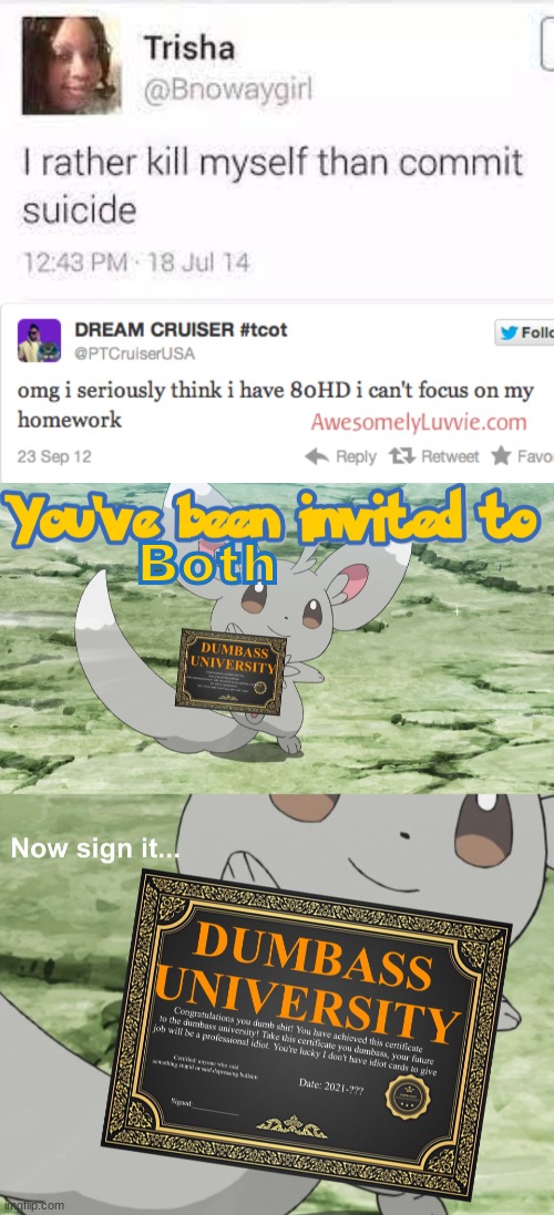 Wow | Both | image tagged in you've been invited to dumbass university,dumbass,tweet,dumb | made w/ Imgflip meme maker