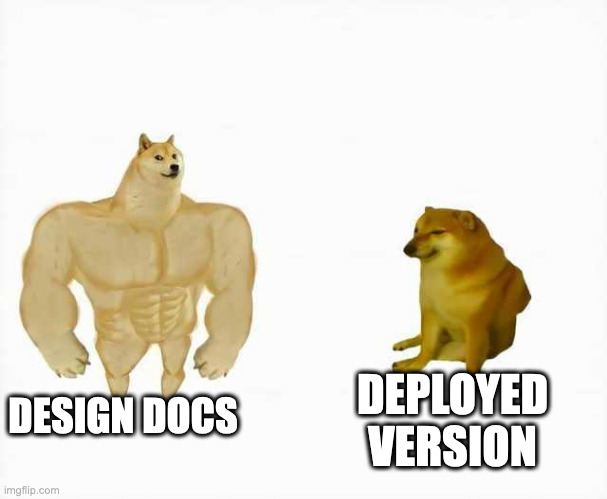 Strong dog vs weak dog | DESIGN DOCS; DEPLOYED VERSION | image tagged in strong dog vs weak dog | made w/ Imgflip meme maker