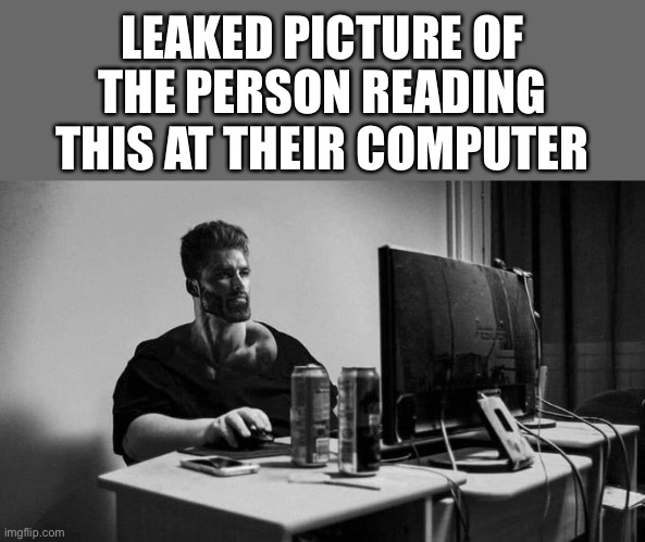 Chad computer is always good | LEAKED PICTURE OF; THE PERSON READING THIS AT THEIR COMPUTER | image tagged in gigachad on the computer | made w/ Imgflip meme maker