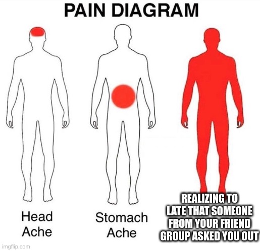 {McNote: ikr} | REALIZING TO LATE THAT SOMEONE FROM YOUR FRIEND GROUP ASKED YOU OUT | image tagged in pain diagram | made w/ Imgflip meme maker