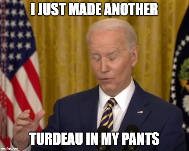 No Brain Biden Duhhh | I JUST MADE ANOTHER; TURDEAU IN MY PANTS | image tagged in no brain biden duhhh | made w/ Imgflip meme maker