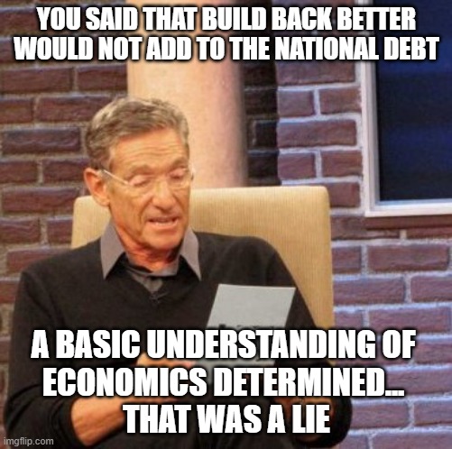 Build Back Better Lie | YOU SAID THAT BUILD BACK BETTER WOULD NOT ADD TO THE NATIONAL DEBT; A BASIC UNDERSTANDING OF 
ECONOMICS DETERMINED... 
THAT WAS A LIE | image tagged in memes,maury lie detector | made w/ Imgflip meme maker