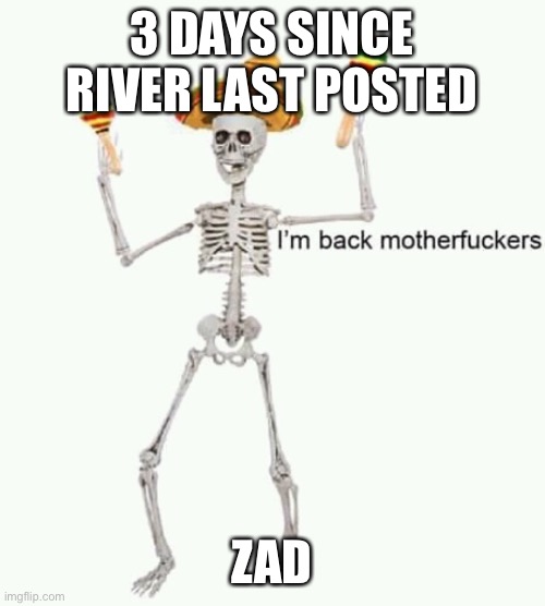 At least she’s still answering dms | 3 DAYS SINCE RIVER LAST POSTED; ZAD | image tagged in i'm back mfs | made w/ Imgflip meme maker