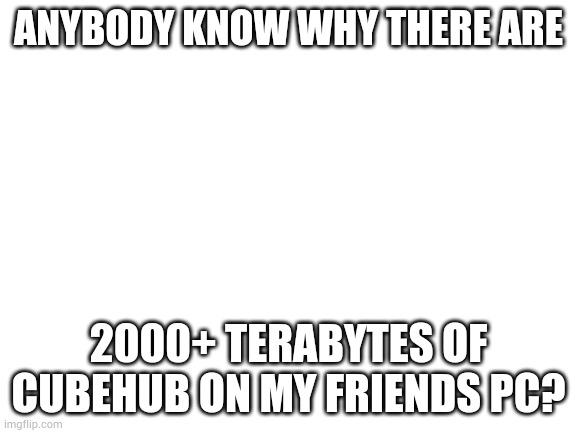 Blank White Template | ANYBODY KNOW WHY THERE ARE; 2000+ TERABYTES OF CUBEHUB ON MY FRIENDS PC? | image tagged in blank white template | made w/ Imgflip meme maker