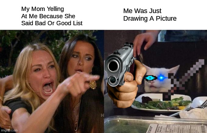 True Story | Me Was Just Drawing A Picture; My Mom Yelling At Me Because She Said Bad Or Good List | image tagged in memes,woman yelling at cat | made w/ Imgflip meme maker