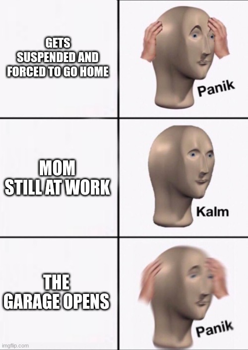Stonks Panic Calm Panic | GETS SUSPENDED AND FORCED TO GO HOME; MOM STILL AT WORK; THE GARAGE OPENS | image tagged in stonks panic calm panic,jesus without the je,pegasus but replace the p with m,lolololoolololollo | made w/ Imgflip meme maker