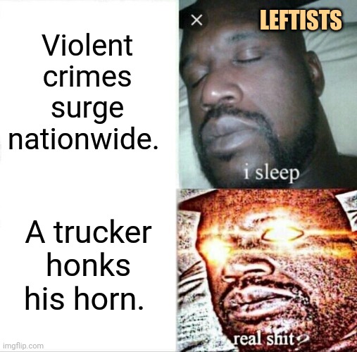 Honk your horn, annoy a liberal. | Violent crimes surge nationwide. LEFTISTS; A trucker honks his horn. | image tagged in memes,sleeping shaq | made w/ Imgflip meme maker