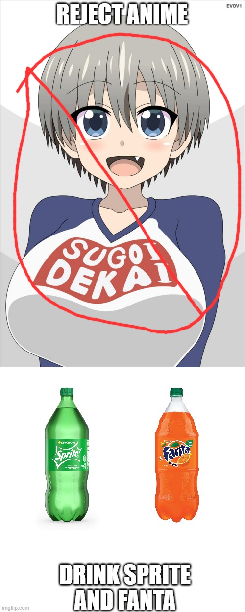 REJECT ANIME; DRINK SPRITE AND FANTA | image tagged in memes,blank transparent square,sprite,fanta | made w/ Imgflip meme maker