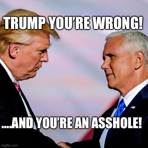 Pence says 'Trump is wrong' to say then-vice president had the right to overturn 2020 election. | TRUMP YOU’RE WRONG! ….AND YOU’RE AN ASSHOLE! | image tagged in donald trump,mike pence,asshole,crooked,clown | made w/ Imgflip meme maker