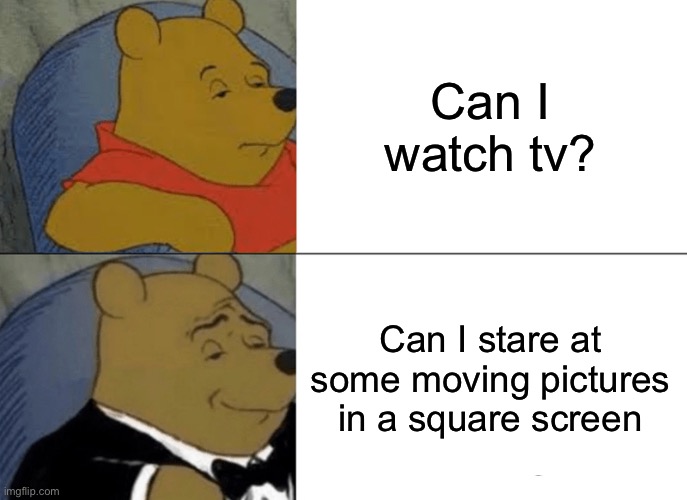 Tuxedo Winnie The Pooh | Can I watch tv? Can I stare at some moving pictures in a square screen | image tagged in memes,tuxedo winnie the pooh | made w/ Imgflip meme maker