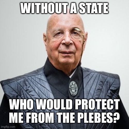 Klaus Schwab | WITHOUT A STATE WHO WOULD PROTECT ME FROM THE PLEBES? | image tagged in klaus schwab | made w/ Imgflip meme maker