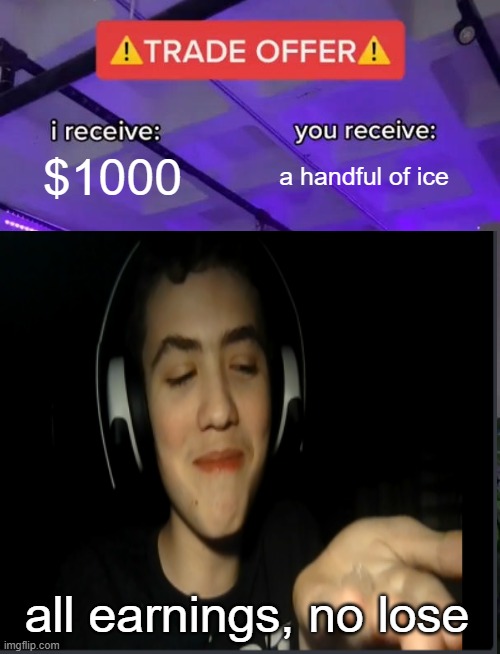 $1000; a handful of ice; all earnings, no lose | image tagged in trade offer | made w/ Imgflip meme maker