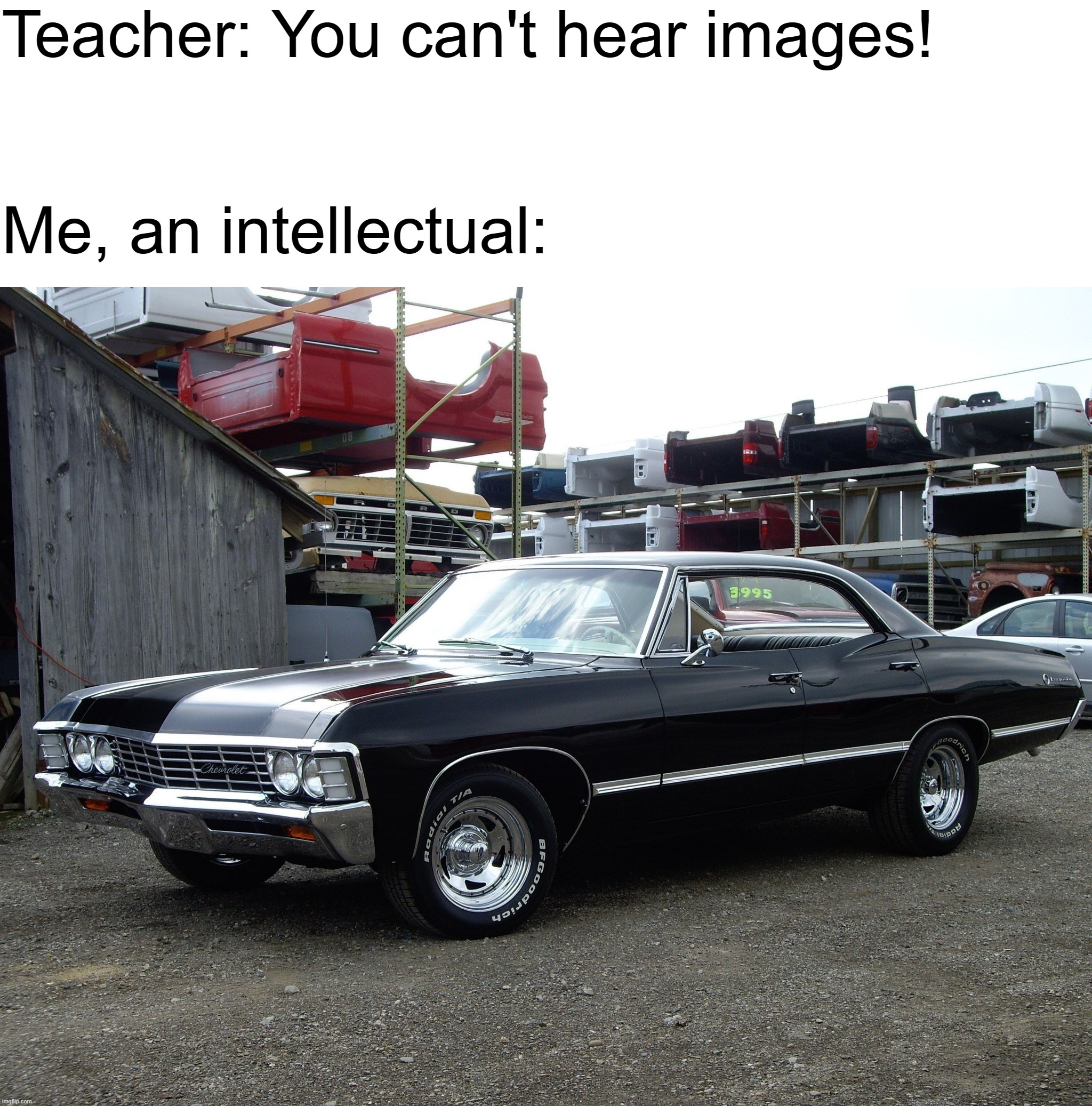 Which one do you hear? | Teacher: You can't hear images! Me, an intellectual: | image tagged in you can't hear images,impala | made w/ Imgflip meme maker