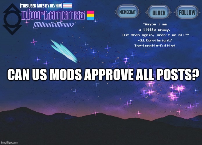 Please? Just a suggestion | CAN US MODS APPROVE ALL POSTS? | image tagged in wooflamemez announcement template | made w/ Imgflip meme maker