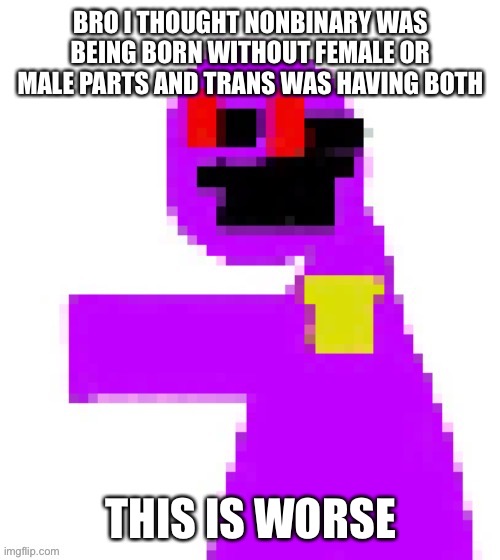 The funni man behind the slaughter | BRO I THOUGHT NONBINARY WAS BEING BORN WITHOUT FEMALE OR MALE PARTS AND TRANS WAS HAVING BOTH; THIS IS WORSE | image tagged in the funni man behind the slaughter | made w/ Imgflip meme maker