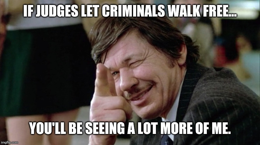 Crooked judges and DA's all over the country. | IF JUDGES LET CRIMINALS WALK FREE... YOU'LL BE SEEING A LOT MORE OF ME. | image tagged in death wish | made w/ Imgflip meme maker