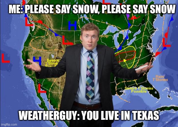 Texas weather | ME: PLEASE SAY SNOW, PLEASE SAY SNOW; WEATHERGUY: YOU LIVE IN TEXAS | image tagged in weather dude,snow,dreams,texas | made w/ Imgflip meme maker