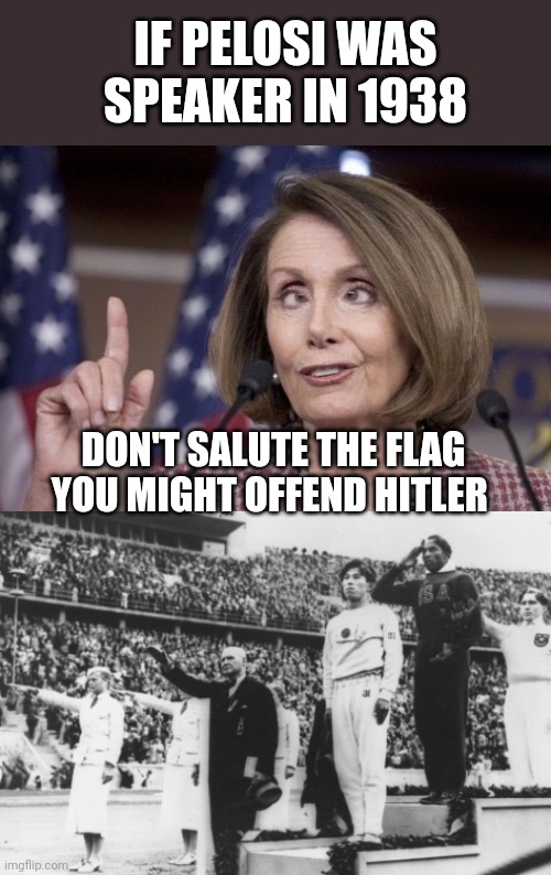 IF PELOSI WAS SPEAKER IN 1938; DON'T SALUTE THE FLAG YOU MIGHT OFFEND HITLER | image tagged in nancy pelosi | made w/ Imgflip meme maker