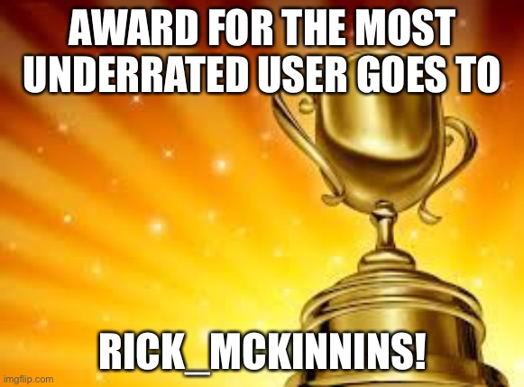 Award | AWARD FOR THE MOST UNDERRATED USER GOES TO; RICK_MCKINNINS! | image tagged in award | made w/ Imgflip meme maker