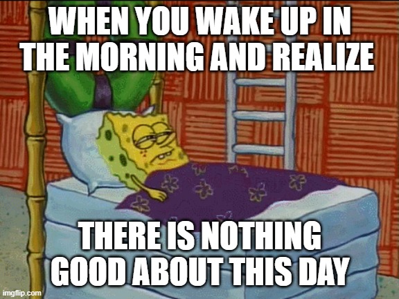 Bad Day | WHEN YOU WAKE UP IN THE MORNING AND REALIZE; THERE IS NOTHING GOOD ABOUT THIS DAY | image tagged in having a bad day | made w/ Imgflip meme maker