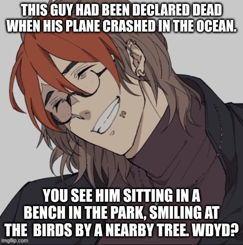 I had no ideas. No Joke OC's please! | THIS GUY HAD BEEN DECLARED DEAD WHEN HIS PLANE CRASHED IN THE OCEAN. YOU SEE HIM SITTING IN A BENCH IN THE PARK, SMILING AT THE  BIRDS BY A NEARBY TREE. WDYD? | made w/ Imgflip meme maker