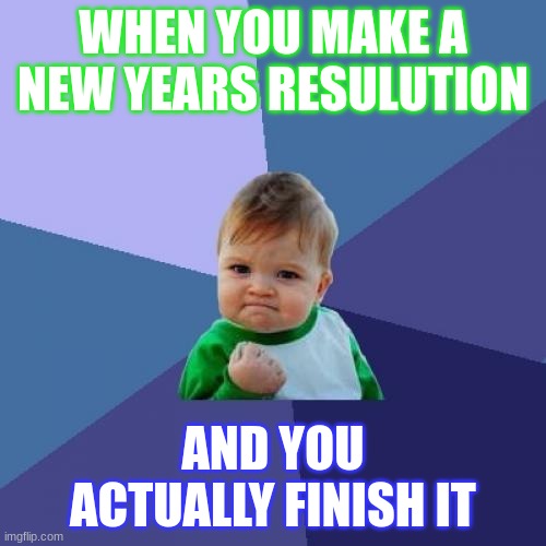 Success Kid | WHEN YOU MAKE A NEW YEARS RESULUTION; AND YOU ACTUALLY FINISH IT | image tagged in memes,success kid | made w/ Imgflip meme maker