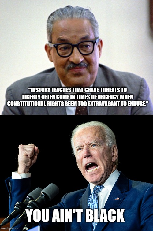 Justice Thurgood Marshall, a black man, served on the court from 1967 until 1991. | “HISTORY TEACHES THAT GRAVE THREATS TO LIBERTY OFTEN COME IN TIMES OF URGENCY WHEN CONSTITUTIONAL RIGHTS SEEM TOO EXTRAVAGANT TO ENDURE.”; YOU AIN'T BLACK | image tagged in joe biden's fist | made w/ Imgflip meme maker