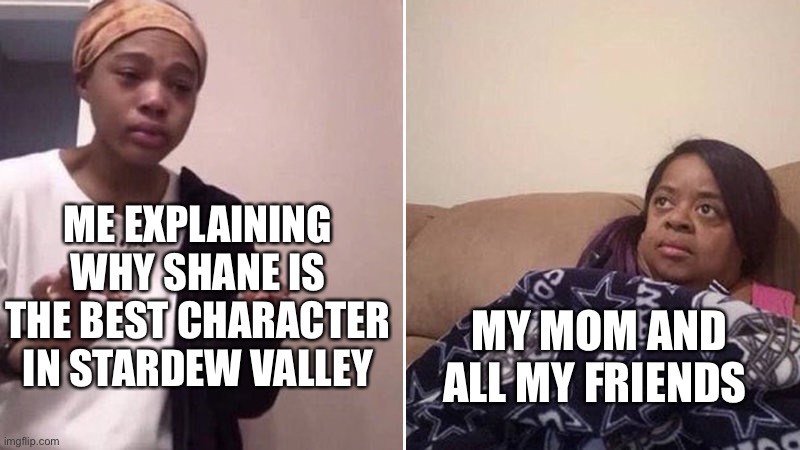 I have a problem, and I have no problem with these problems | ME EXPLAINING WHY SHANE IS THE BEST CHARACTER IN STARDEW VALLEY; MY MOM AND ALL MY FRIENDS | image tagged in me explaining to my mom | made w/ Imgflip meme maker