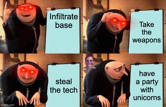 Gru's Plan | Infiltrate base; Take the weapons; steal the tech; have a party with unicorns | image tagged in memes,gru's plan | made w/ Imgflip meme maker