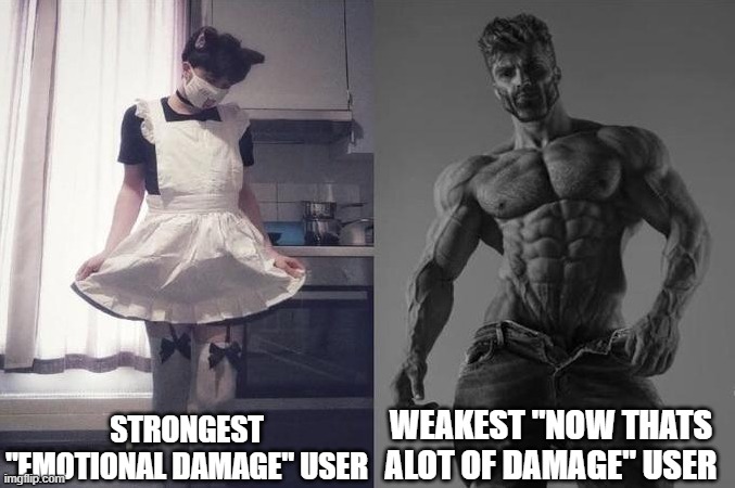 Strongest Fan VS Weakest Fan | STRONGEST "EMOTIONAL DAMAGE" USER; WEAKEST "NOW THATS ALOT OF DAMAGE" USER | image tagged in strongest fan vs weakest fan | made w/ Imgflip meme maker
