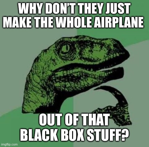 Indestructable | WHY DON’T THEY JUST MAKE THE WHOLE AIRPLANE; OUT OF THAT BLACK BOX STUFF? | image tagged in philosoraptor,airplane | made w/ Imgflip meme maker