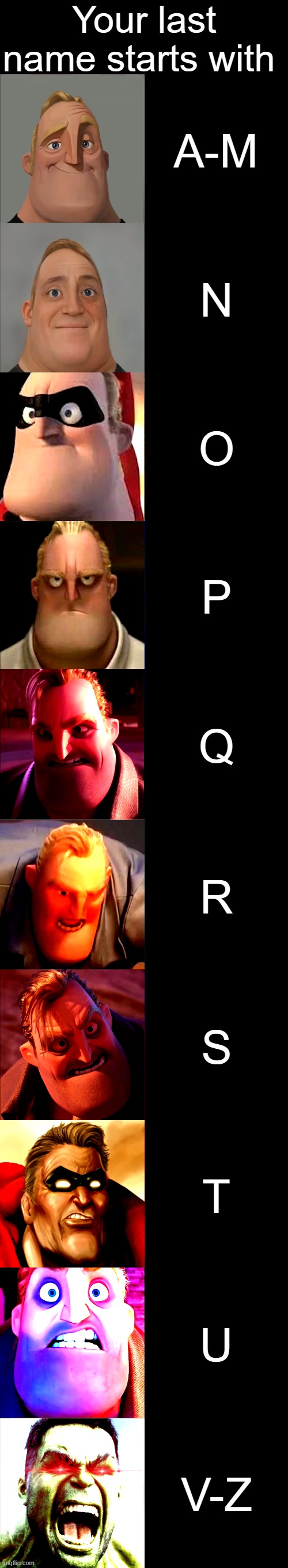 Mr. Incredible Becoming Angry | Your last name starts with; A-M; N; O; P; Q; R; S; T; U; V-Z | image tagged in mr incredible becoming angry | made w/ Imgflip meme maker