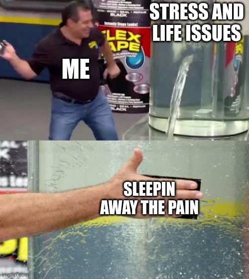 Flex Tape | STRESS AND LIFE ISSUES; ME; SLEEPIN AWAY THE PAIN | image tagged in flex tape | made w/ Imgflip meme maker