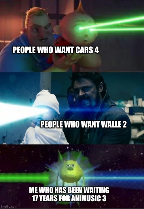 Its never coming out | PEOPLE WHO WANT CARS 4; PEOPLE WHO WANT WALLE 2; ME WHO HAS BEEN WAITING 17 YEARS FOR ANIMUSIC 3 | image tagged in laser babies to mike wazowski,memes,funny,wait,sequel,music | made w/ Imgflip meme maker