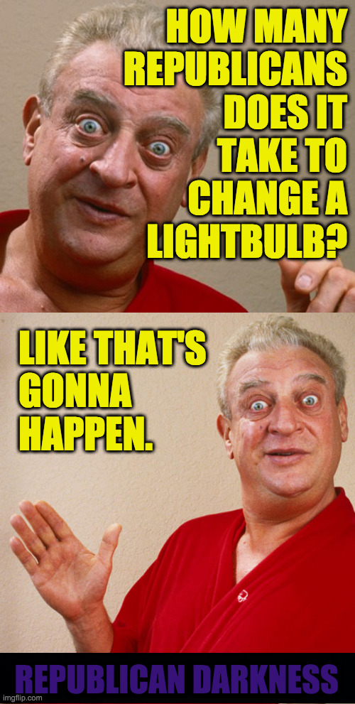 Republican darkness. | HOW MANY
REPUBLICANS
DOES IT
TAKE TO
CHANGE A
LIGHTBULB? LIKE THAT'S
GONNA
HAPPEN. REPUBLICAN DARKNESS | image tagged in bad pun dangerfield,memes,republicans,infrastructure,darkness | made w/ Imgflip meme maker