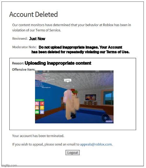 Inappropriate image ban | Just Now; Do not upload inappropriate images. Your Account has been deleted for repeatedly violating our Terms of Use. Uploading inappropriate content | image tagged in banned from roblox | made w/ Imgflip meme maker