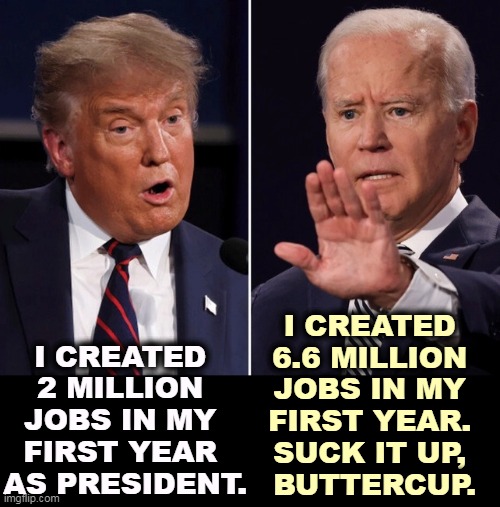 Repeat after me. Republicans care only about rich people and large corporations. Democrats care about everybody. | I CREATED 
6.6 MILLION 
JOBS IN MY 
FIRST YEAR. 
SUCK IT UP, 
BUTTERCUP. I CREATED 
2 MILLION 
JOBS IN MY 
FIRST YEAR 
AS PRESIDENT. | image tagged in biden trump debate,trump,economy,meh,biden,jobs | made w/ Imgflip meme maker