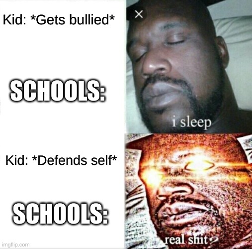 getting bullied | Kid: *Gets bullied*; SCHOOLS:; Kid: *Defends self*; SCHOOLS: | image tagged in memes,sleeping shaq,relatable,school,bullying | made w/ Imgflip meme maker