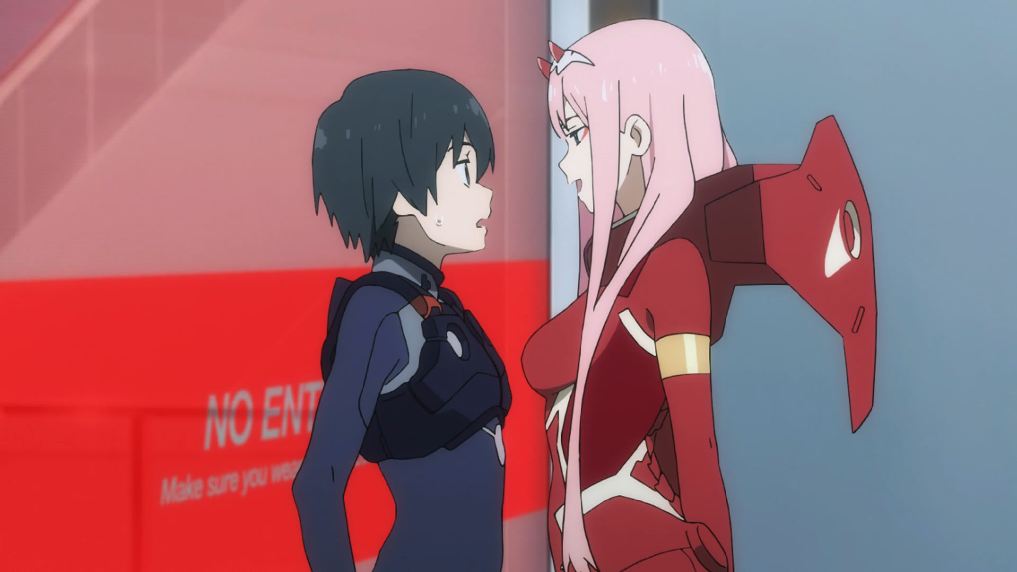 High Quality Zero Two Looking Down At Hiro Blank Meme Template