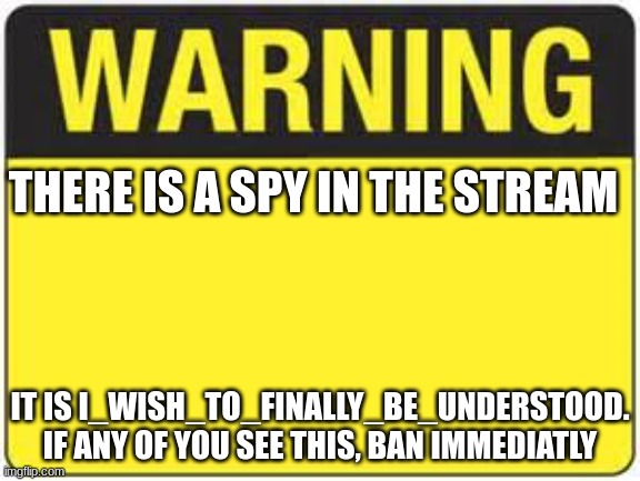 blank warning sign | THERE IS A SPY IN THE STREAM; IT IS I_WISH_TO_FINALLY_BE_UNDERSTOOD. IF ANY OF YOU SEE THIS, BAN IMMEDIATLY | image tagged in blank warning sign | made w/ Imgflip meme maker