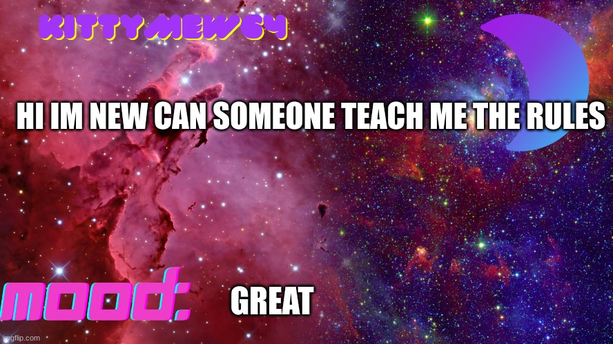 Kittymew64 Temp | HI IM NEW CAN SOMEONE TEACH ME THE RULES; GREAT | image tagged in kittymew64 temp | made w/ Imgflip meme maker