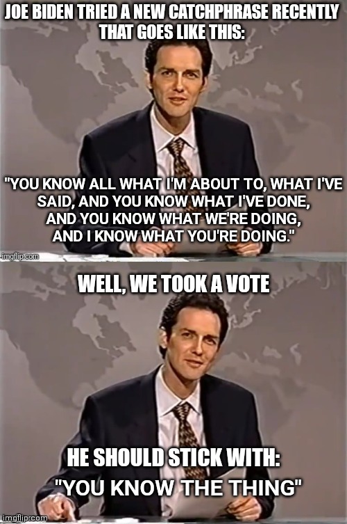 The original catchphrase polls much better | JOE BIDEN TRIED A NEW CATCHPHRASE RECENTLY
THAT GOES LIKE THIS:; "YOU KNOW ALL WHAT I'M ABOUT TO, WHAT I'VE
SAID, AND YOU KNOW WHAT I'VE DONE,
AND YOU KNOW WHAT WE'RE DOING,
AND I KNOW WHAT YOU'RE DOING."; WELL, WE TOOK A VOTE; HE SHOULD STICK WITH:; "YOU KNOW THE THING" | image tagged in weekend update with norm,biden,democrats,you know the thing,joe biden | made w/ Imgflip meme maker