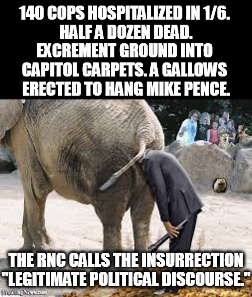 A failed coup against American democracy is not "legitimate political discourse." | 140 COPS HOSPITALIZED IN 1/6. 
HALF A DOZEN DEAD.
EXCREMENT GROUND INTO 
CAPITOL CARPETS. A GALLOWS 
ERECTED TO HANG MIKE PENCE. THE RNC CALLS THE INSURRECTION "LEGITIMATE POLITICAL DISCOURSE." | image tagged in republican,head,up,elephant | made w/ Imgflip meme maker