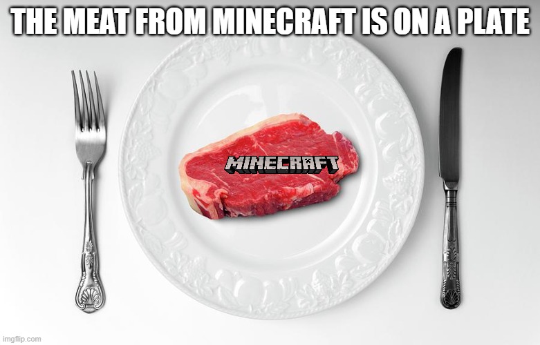 Meat on a plate | THE MEAT FROM MINECRAFT IS ON A PLATE | image tagged in meat on a plate | made w/ Imgflip meme maker