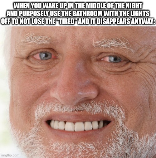 Laughs in agony | WHEN YOU WAKE UP IN THE MIDDLE OF THE NIGHT AND PURPOSELY USE THE BATHROOM WITH THE LIGHTS OFF TO NOT LOSE THE "TIRED" AND IT DISAPPEARS ANYWAY: | image tagged in hide the pain harold | made w/ Imgflip meme maker