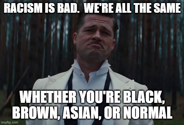 Nah, more like | RACISM IS BAD.  WE'RE ALL THE SAME; WHETHER YOU'RE BLACK, BROWN, ASIAN, OR NORMAL | image tagged in nah more like | made w/ Imgflip meme maker