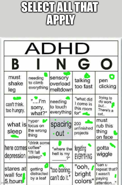Am I sick | SELECT ALL THAT 
APPLY | image tagged in adhd bingo,y u no | made w/ Imgflip meme maker