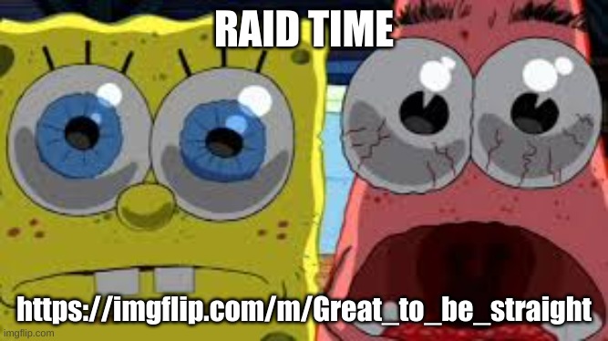 spongebob and patrick staring | RAID TIME; https://imgflip.com/m/Great_to_be_straight | image tagged in spongebob and patrick staring | made w/ Imgflip meme maker